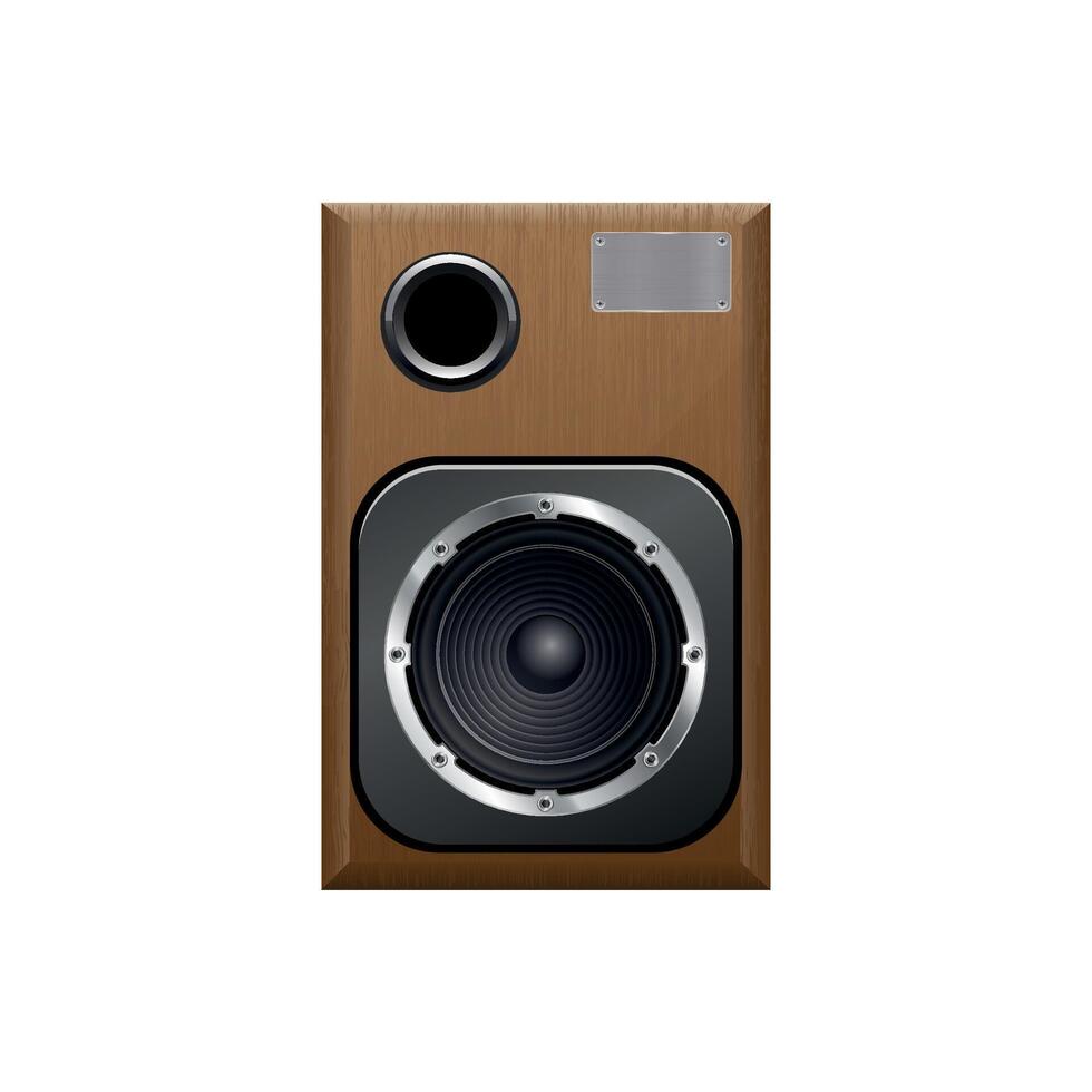 Music tabletop speaker with one dynamic and a subwoofer in a wooden case isolated on the white background vector