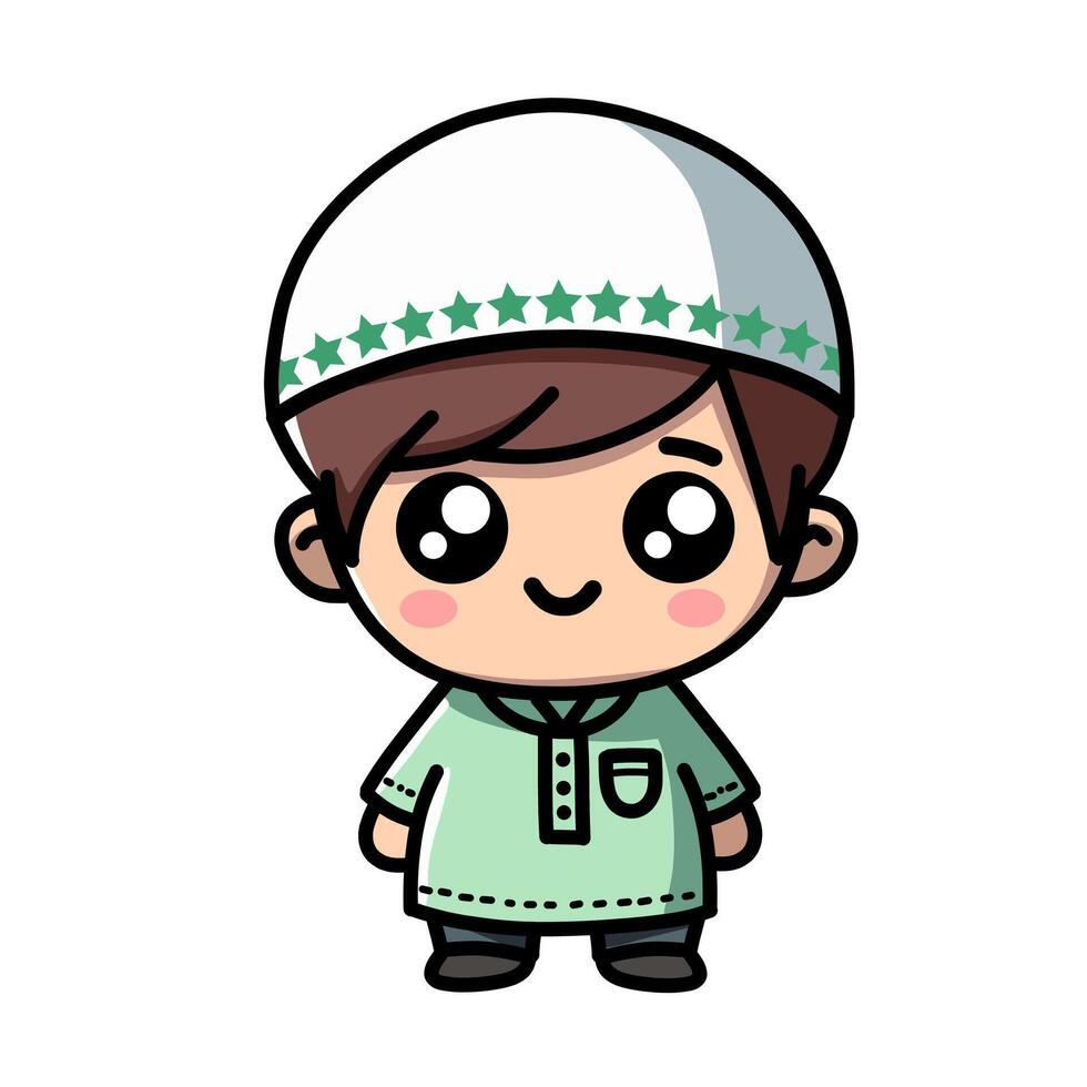Cute Cartoon Boy in Green Traditional Islamic Attire Clip Art Illustration vector