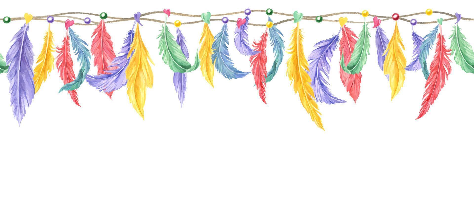Watercolor multicolored fluffy feather plumage, hearts and beads hanging on string seamless banner. Hand drawn Mardi Gras carnival garland illustration for print, package decor vector