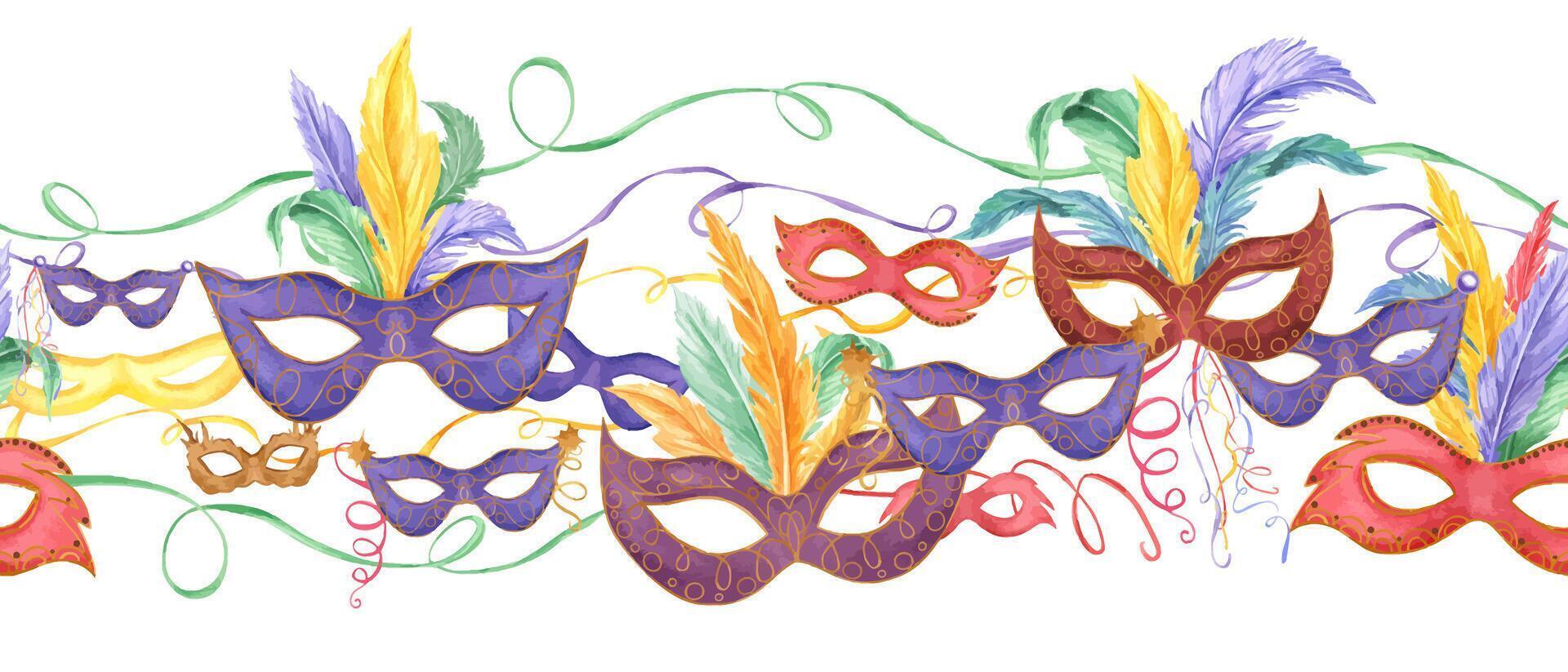 Watercolor masquerade masks with colorful bird feathers, ribbons seamless banner isolated background. Elegant Mardi Gras festival attributes for carnival costume parade illustration. Textile, wrapping vector