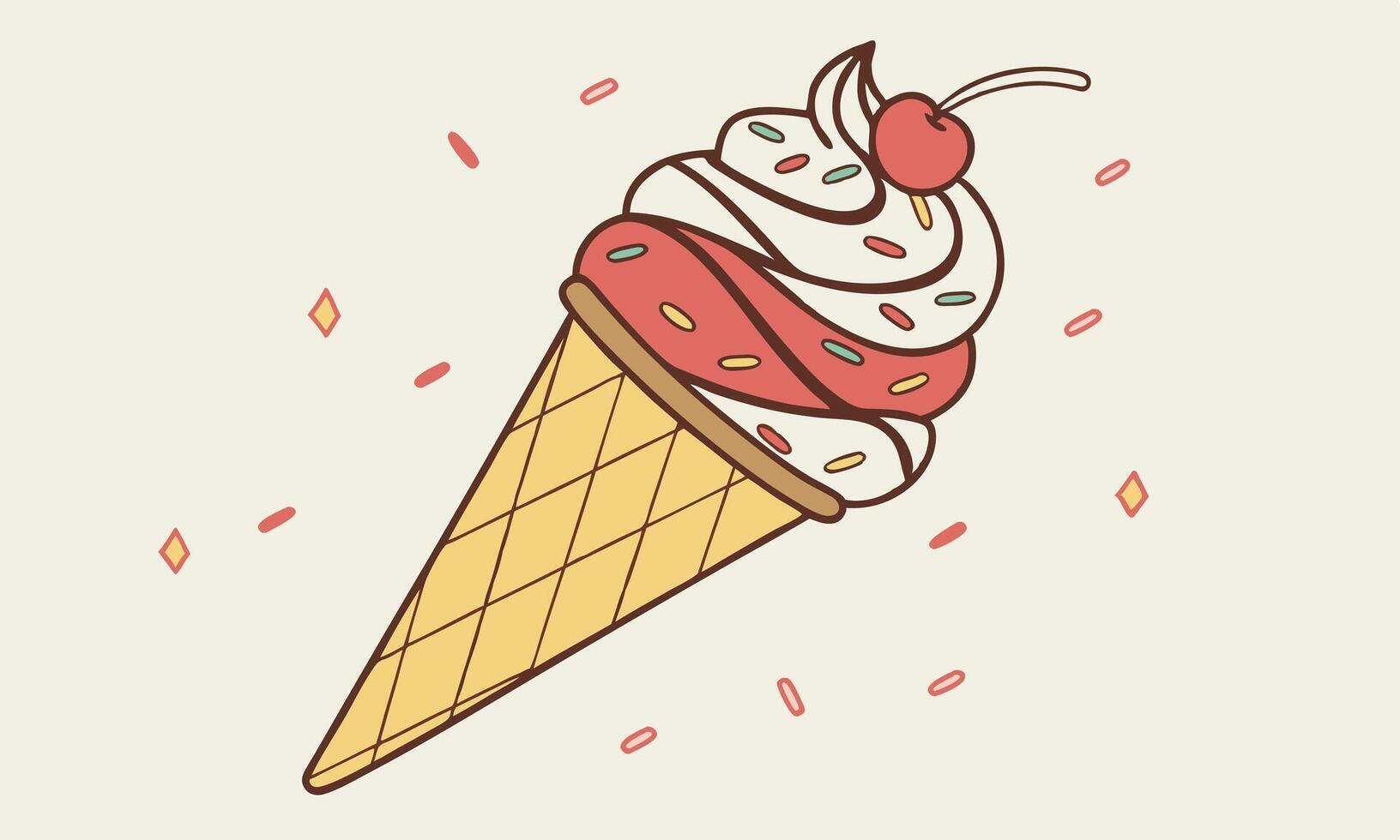 Hand-Drawn Ice Cream Cone with Sprinkles and Cherry vector