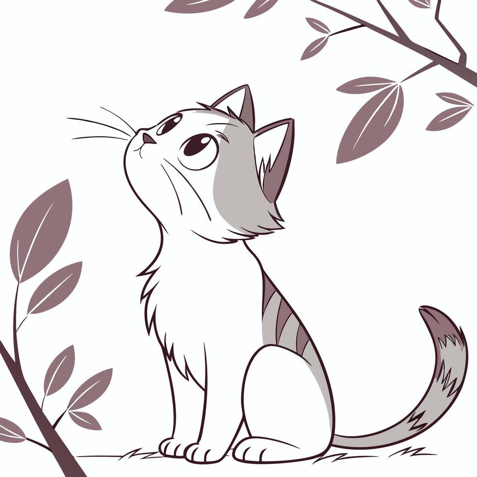 Adorable Cat Looking Up - Cute Feline Illustration with Nature Elements vector