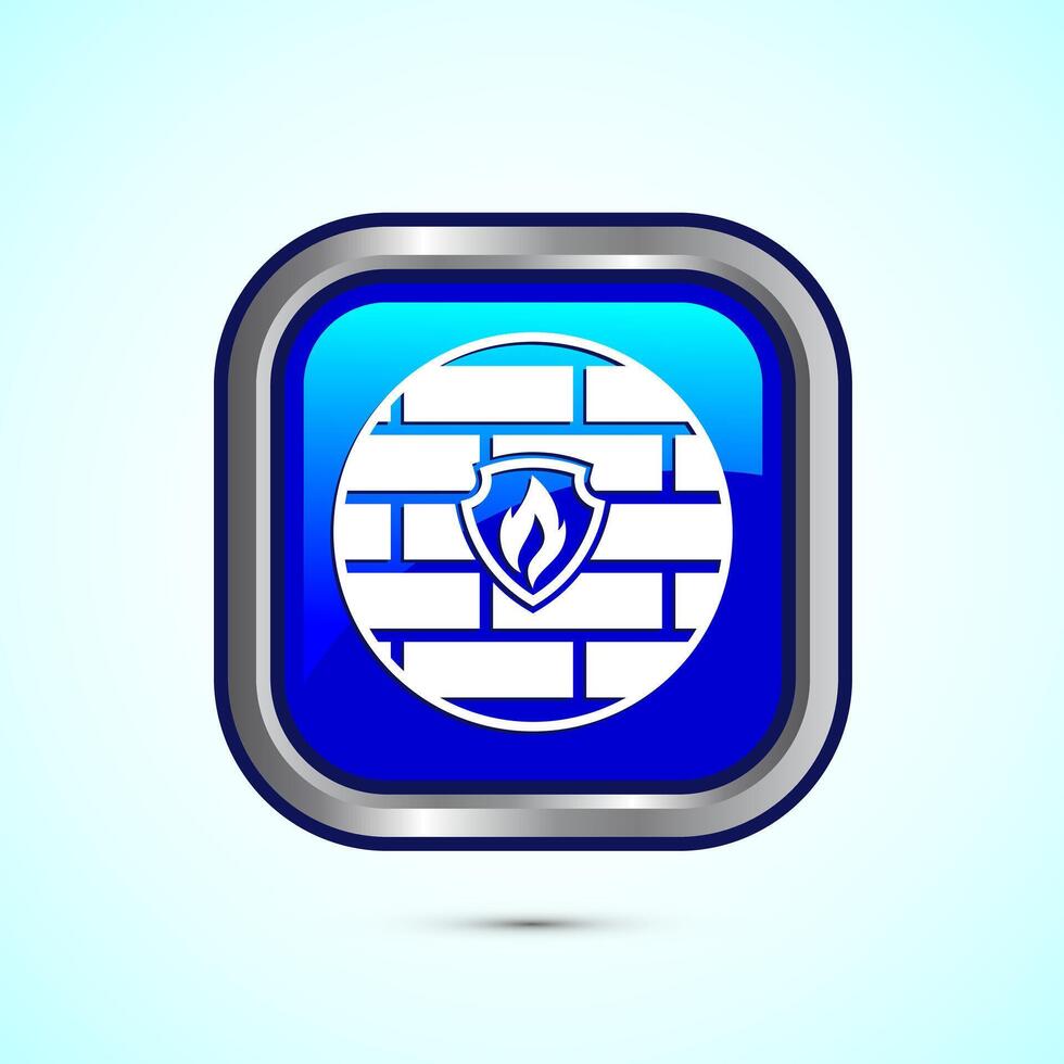 Firewall icon design illustration. Brick wall and fire icon, Internet security sign, Blue color square button design vector
