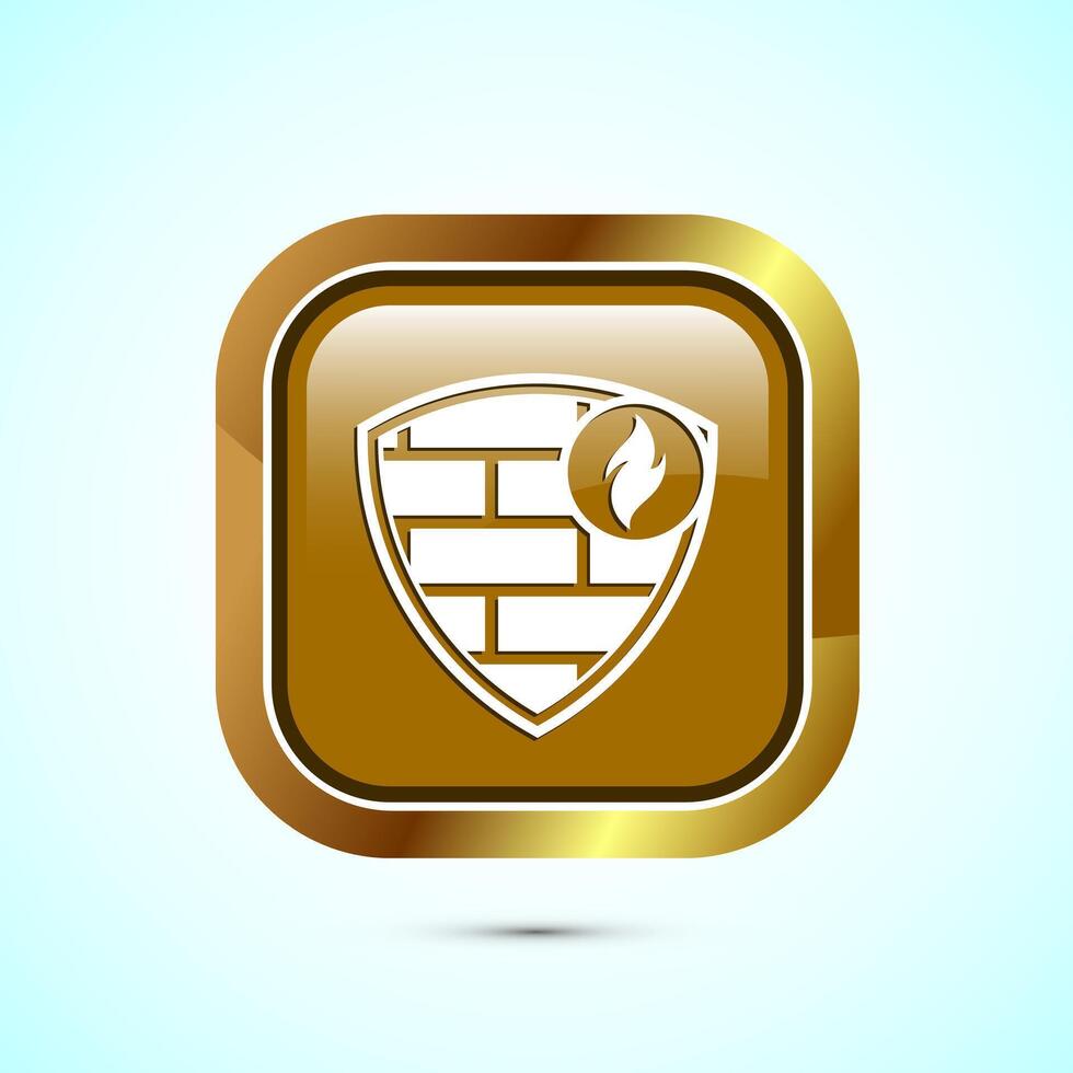 Firewall icon design illustration. Brick wall and fire icon, Internet security sign, Gold color square button design vector