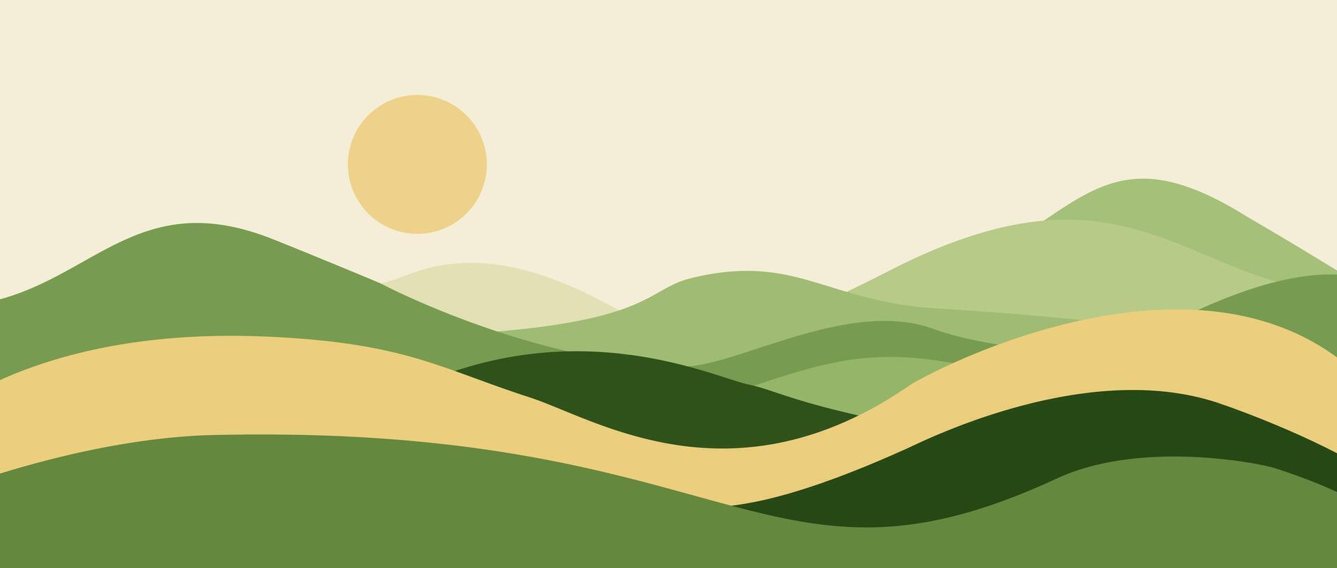 Minimalist landscape rolling green hills, layered abstract mountains, golden sunset with soft earth tones, flat design style for backgrounds, posters, modern wall art vector