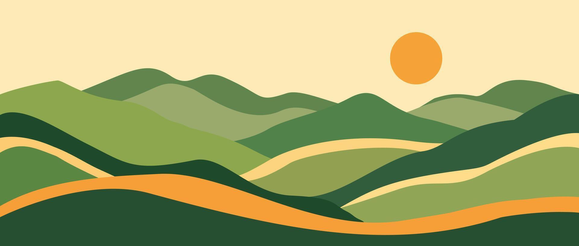 Modern abstract mountain landscape green rolling hills, golden sunset, layered mountains with soft warm tones, flat style for backgrounds, prints, posters vector