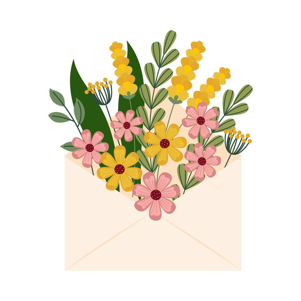 Bouquet of spring wild flowers in envelope. Flowers in flat style. Design element for banner, greeting card, flyer, poster. illustration vector