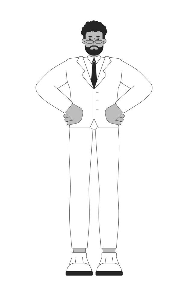 Bearded african american businessman in suit and glasses black and white 2D line character. Business leader standing man in formal wear isolated outline person. Monochromatic spot illustration vector