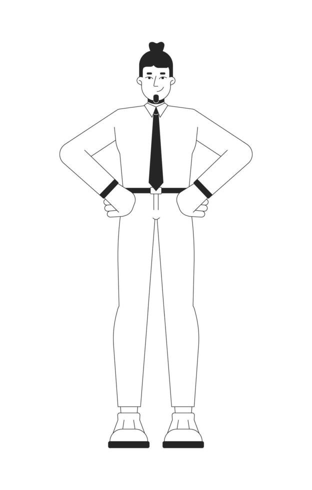 Stylish businessman with top knot hairstyle black and white 2D line character. Career successful caucasian guy hands on hips isolated outline person. Monochromatic spot illustration vector