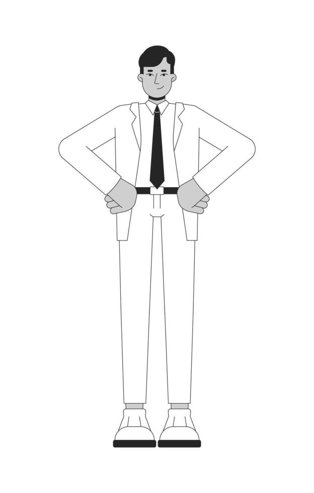 Indian businessman in suit tie hands on hips black and white 2D line character. Professional south asian guy business leader isolated outline person. Monochromatic spot illustration vector
