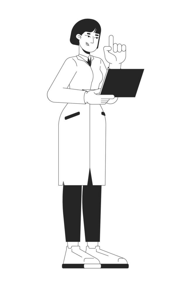 Asian female scientist in lab coat holding laptop black and white 2D line character. Pointing upward. STEM professional korean woman isolated outline person. Monochromatic spot illustration vector