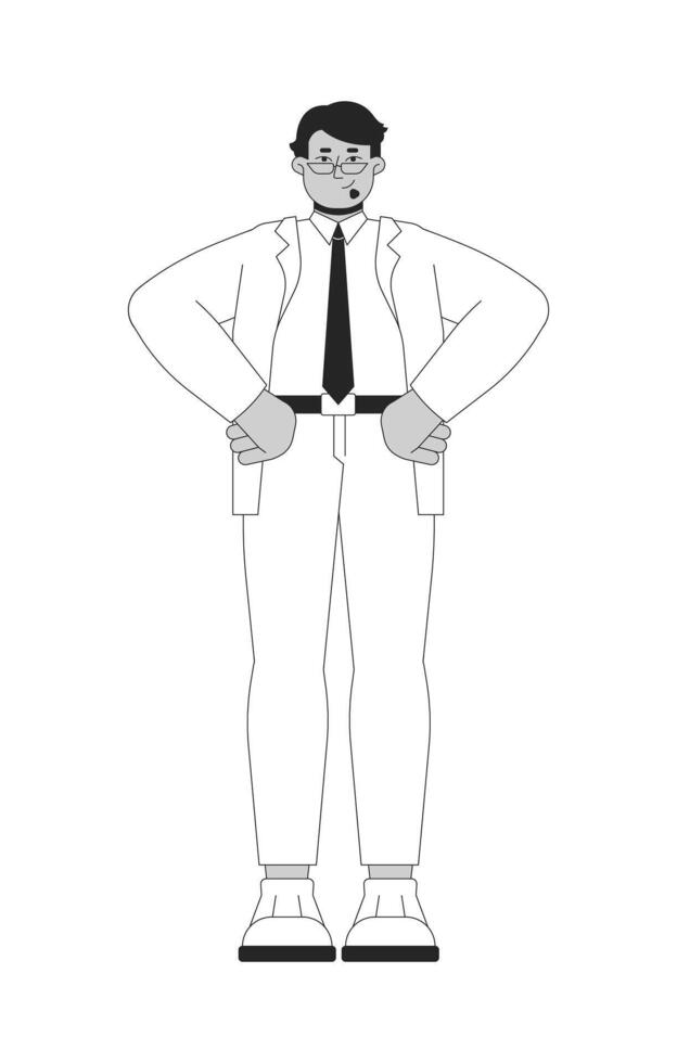 Arab male business administrator with hands on hips black and white 2D line character. Power pose. Businessman in corporate attire isolated outline person. Monochromatic spot illustration vector