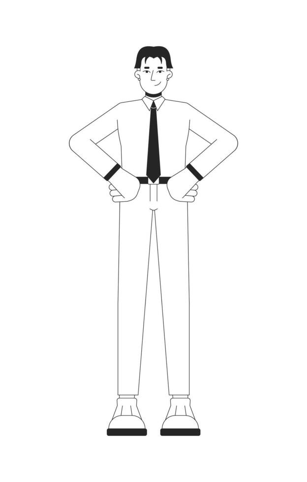 Asian businessman in shirt tie with hands on hips black and white 2D line character. Office worker male modern professional isolated outline person. Monochromatic spot illustration vector