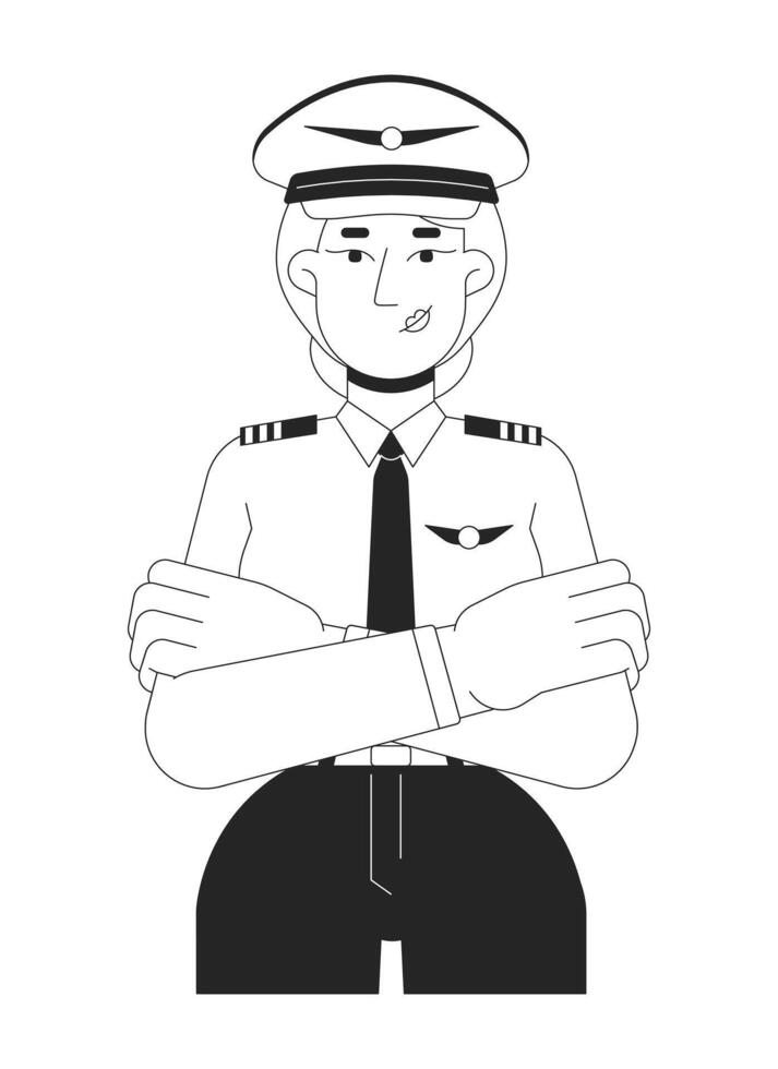 Blonde female pilot in uniform black and white 2D line character. Airline captain caucasian woman standing confidently with arms crossed isolated outline person. Monochromatic spot illustration vector