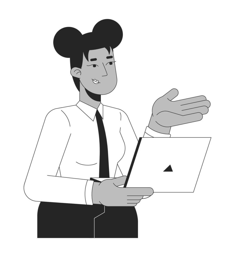 Black woman holding laptop and presenting black and white 2D line character. African american female leader notebook in business attire isolated outline person. Monochromatic spot illustration vector