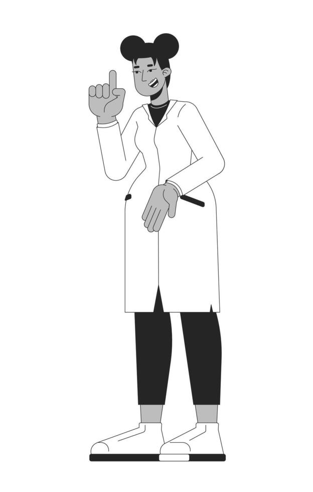 Black female scientist with lab coat and pointing gesture black and white 2D line character. STEM researcher african american woman isolated outline person. Monochromatic spot illustration vector