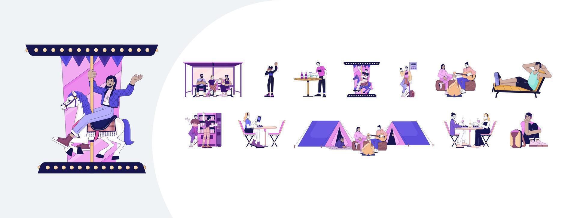 Lifestyle cartoon flat illustrations mega bundle. Amusement and relaxation activities 2D images isolated on white. Multiethnic people enjoying funny free time collection drawings colorful vector