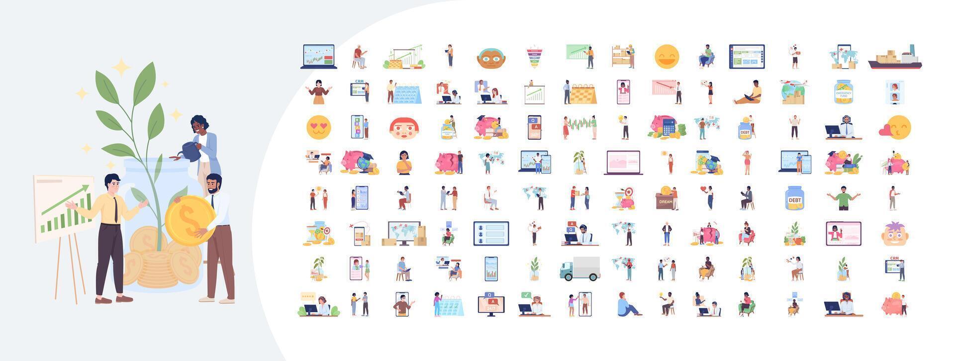 Business cartoon flat illustrations mega bundle. Smart investment with digital technology 2D images isolated on white. Businesspeople financial success collection drawings colorful vector