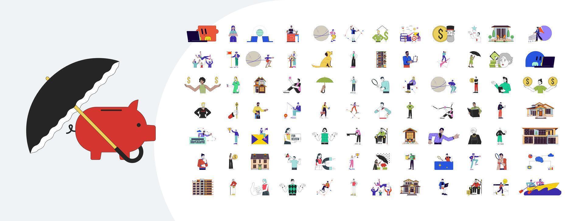 Business and finance cartoon flat illustrations mega bundle. Career in investment and real estate 2D images isolated on white. Money management strategy collection drawings colorful vector