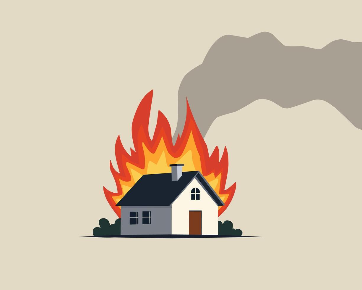 Illustration of a burning house with large flames and thick smoke rising, symbolizing a fire disaster or home security risk. vector
