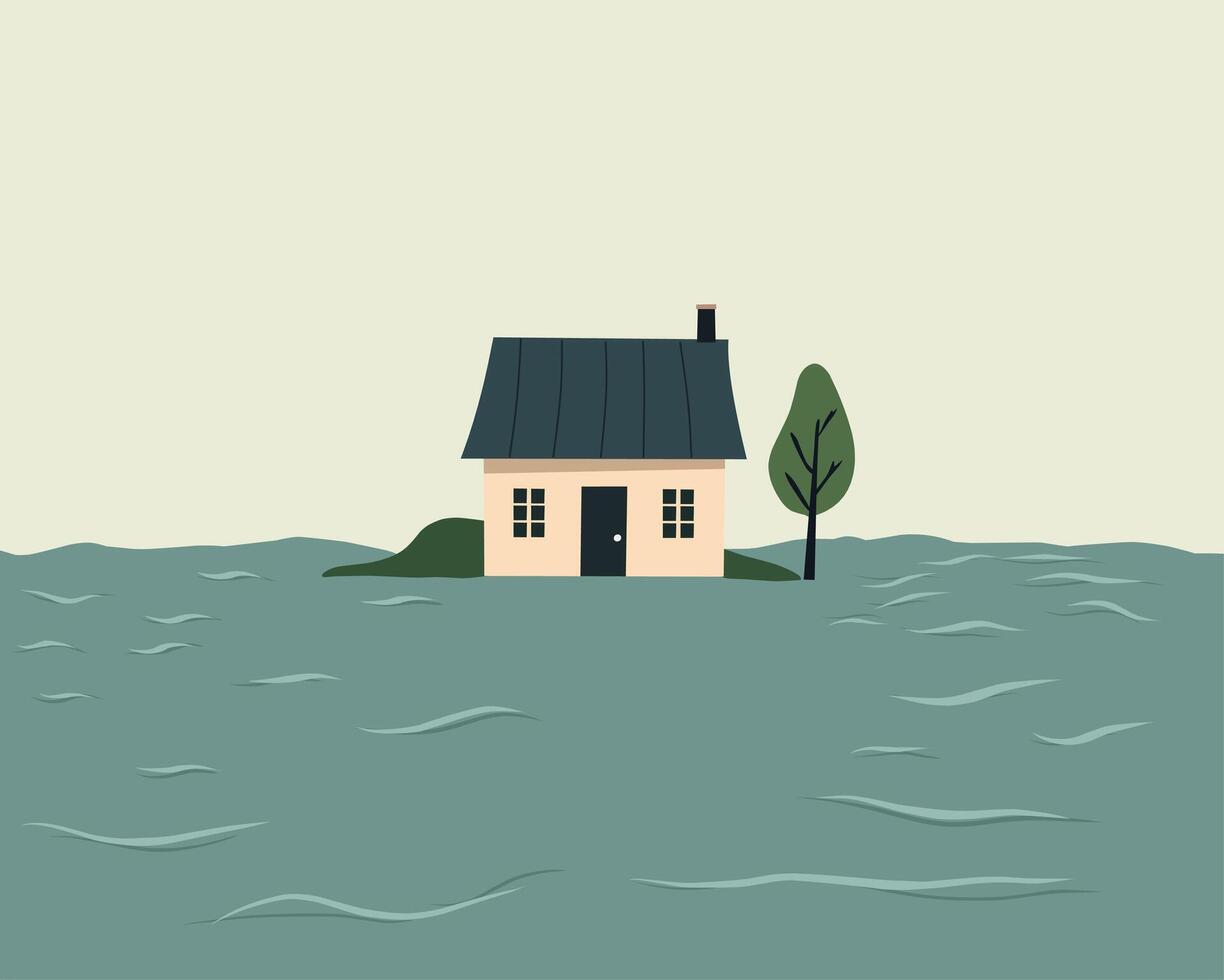 Illustration of a house almost submerged in flood water, depicting flood disaster conditions or environmental risks to property. vector