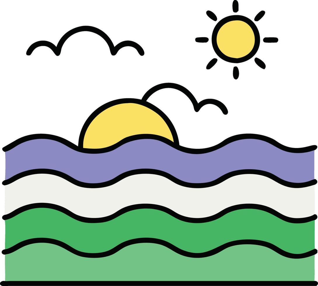 Ocean Sunset Scene Waves, Sun, Clouds, Summer, Beach, Sky, Idyllic, Calm, Tranquil, Nature vector