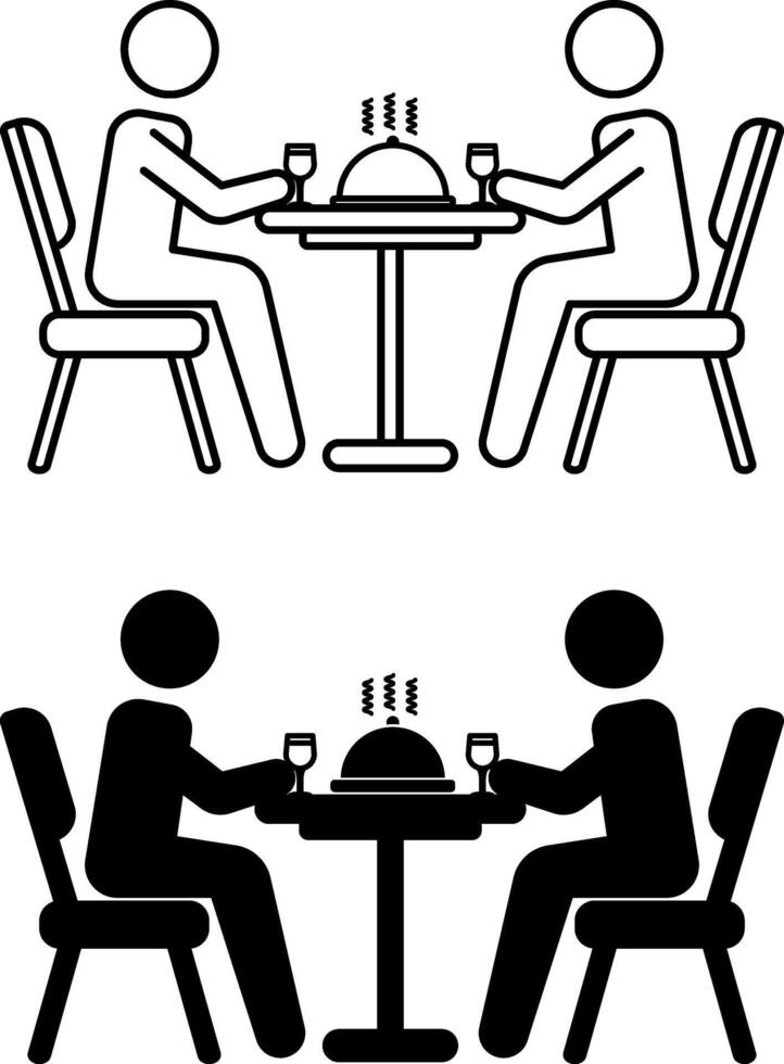 Dinner Icons. Black and White Icons. Two People Eating Hot Dish and Drinking Wine. People Sitting at Table in Diner. Restaurant Concept vector