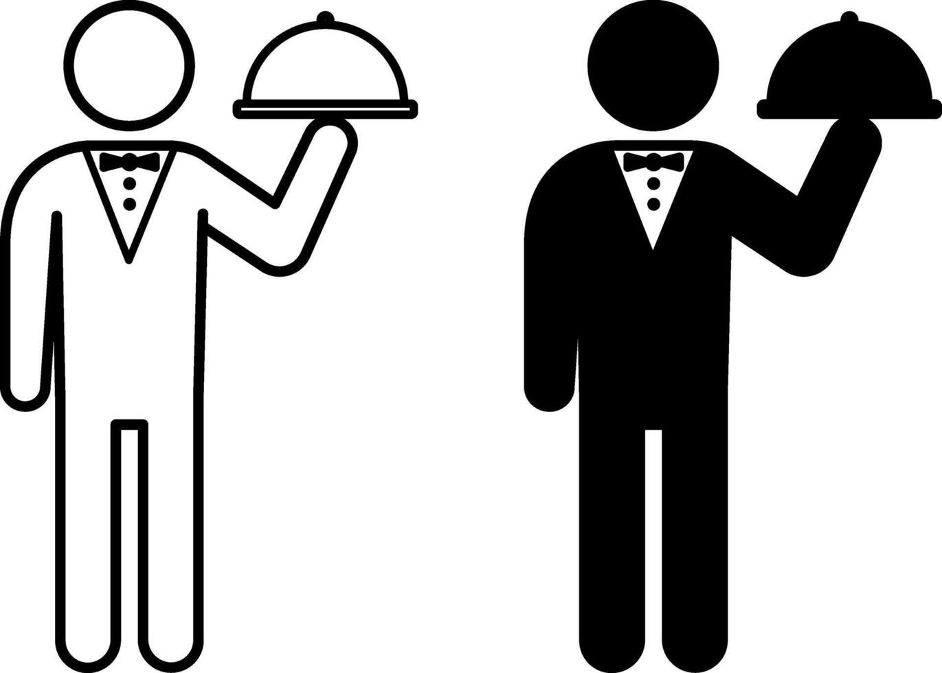 Serve Icons. Black and White Icons. Waiter with Bow Tie Serves Hot Dish Tray to Table. Restaurant Concept vector