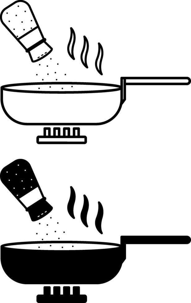 Cooking Icons. Black and White Icons. Salt Food. Cooking Food in a Frying Pan on the Stove. Restaurant Concept vector