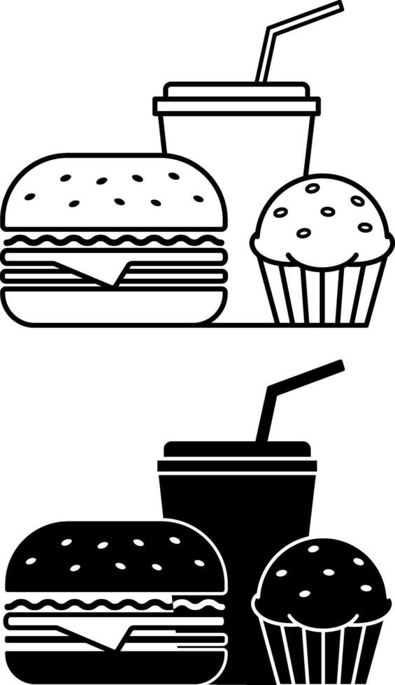 Fast Food Icons. Black and White Icons. Junk Food. Hamburger, Cupcake, and Soda with Straw. Restaurant Concept vector