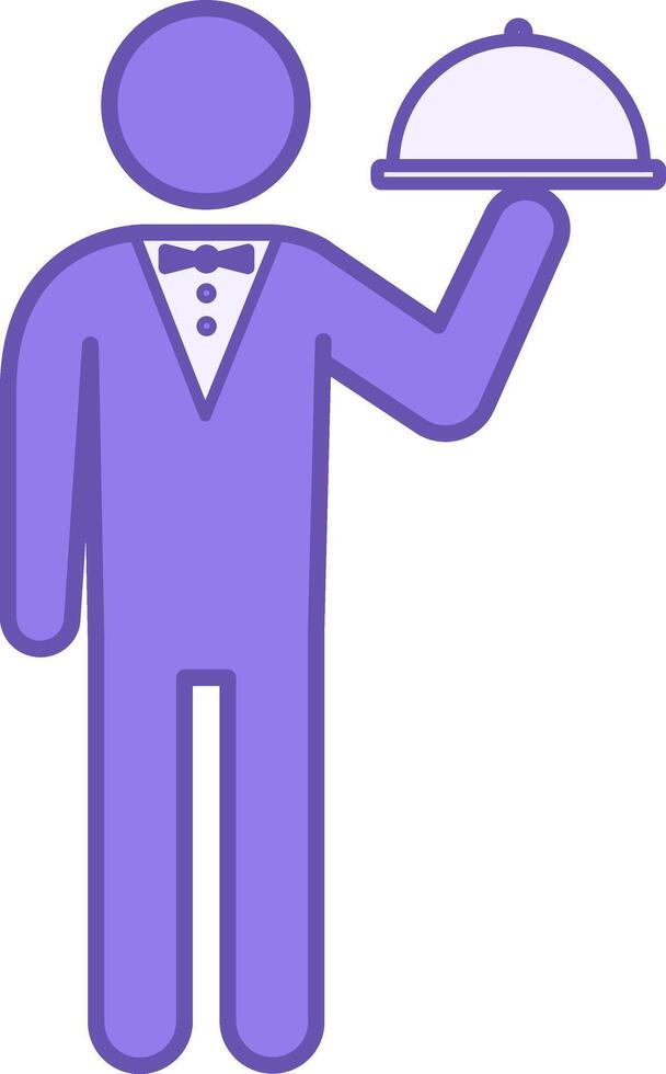 Colored Icon Serve. Waiter with Bow Tie Serves Hot Dish Tray to Table. Restaurant Concept vector