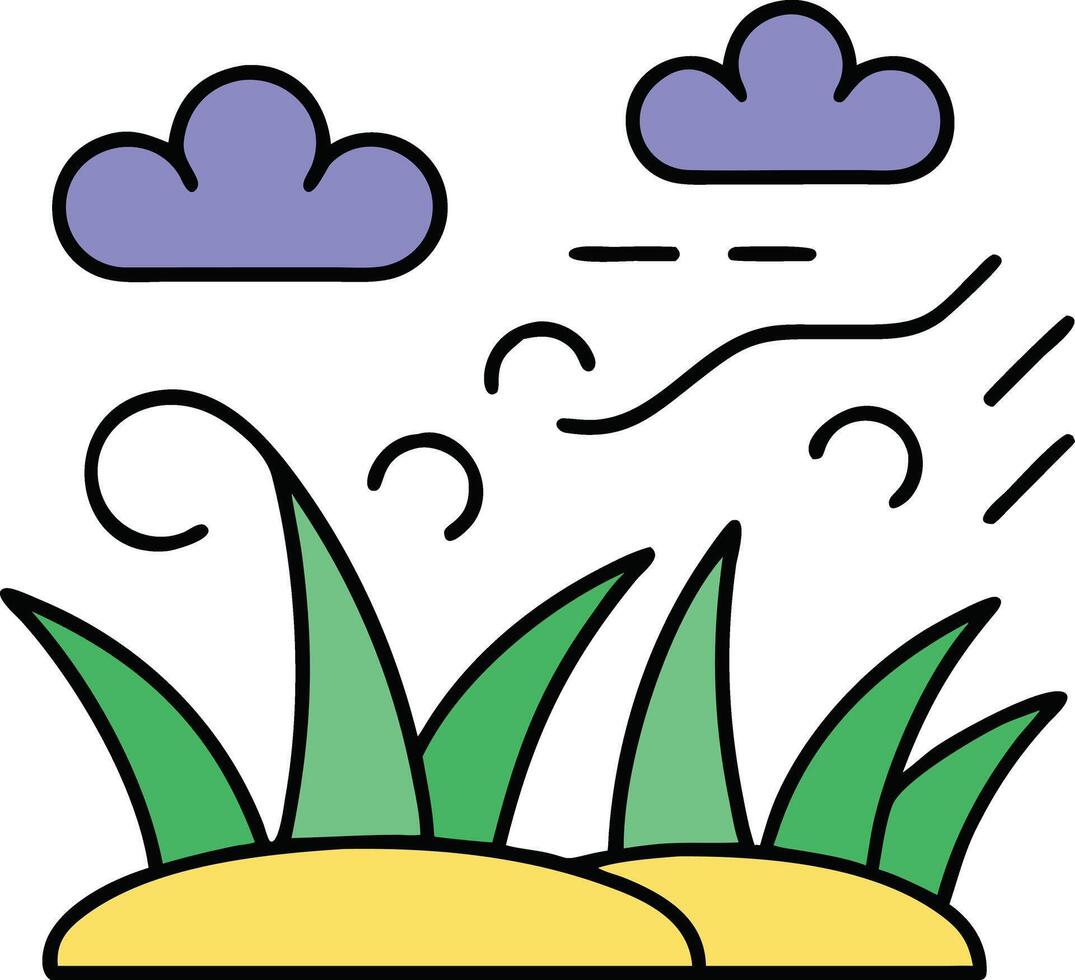 Windy Day Illustration Clouds, Grass, and Blowing Wind vector