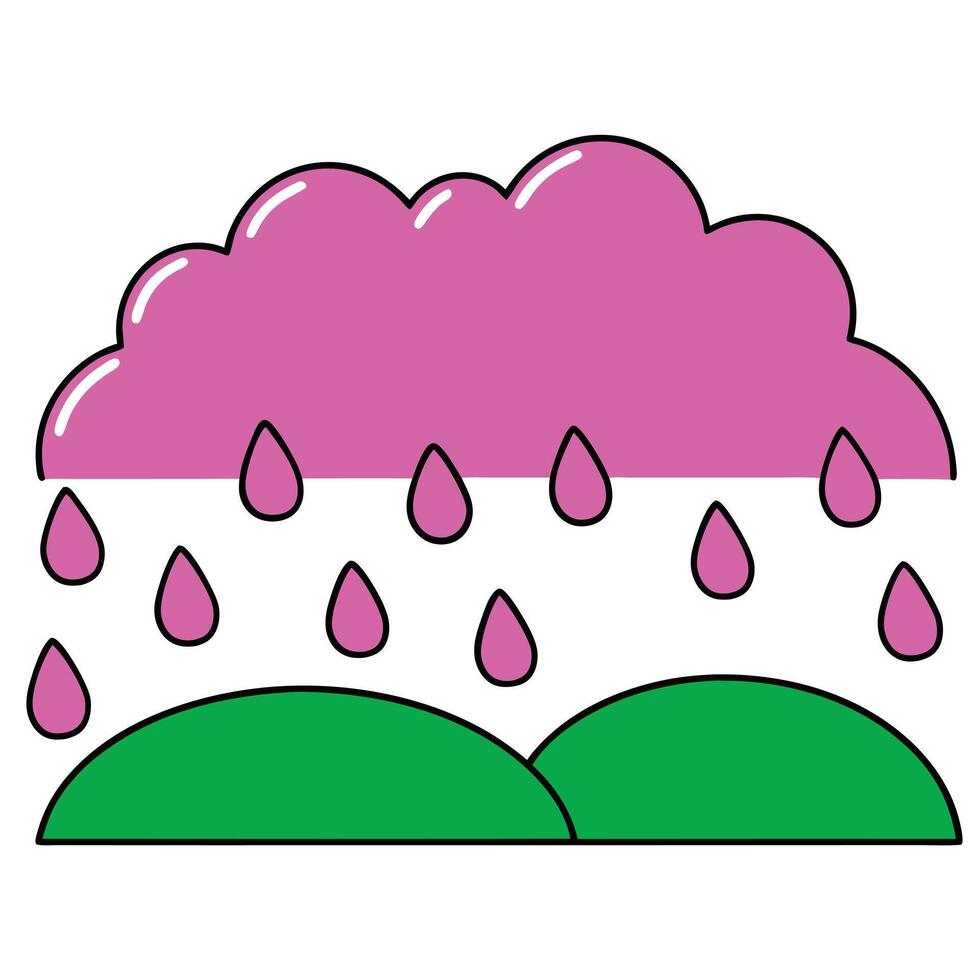 Pink Cloud Raining on Green Hills Simple Cartoon Weather Illustration vector