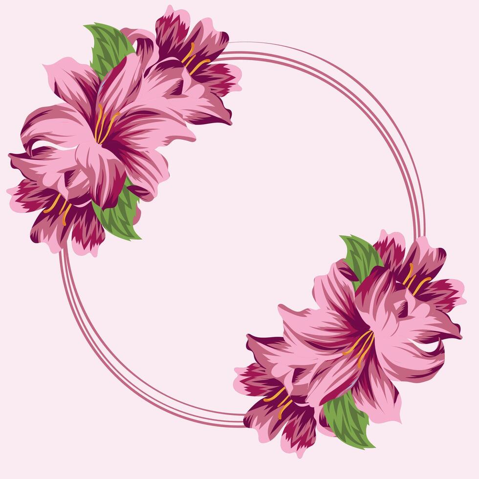 template for holiday cards consisting of pink outlines of circles and open lily buds, green leaves and closed buds, template for postcards, invitations and banners vector