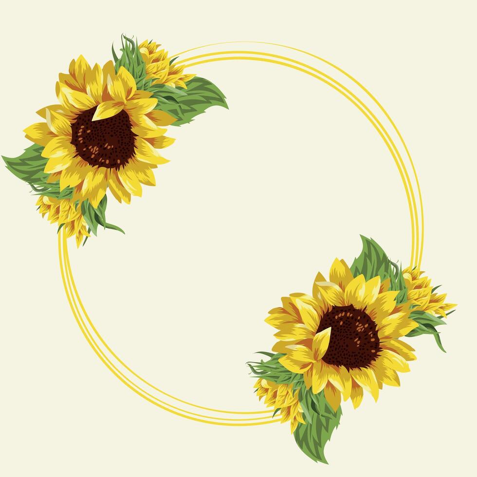 template for holiday cards consisting of yellow outlines of circles and open buds of yellow sunflowers, green leaves, template for postcards, invitations and banners vector