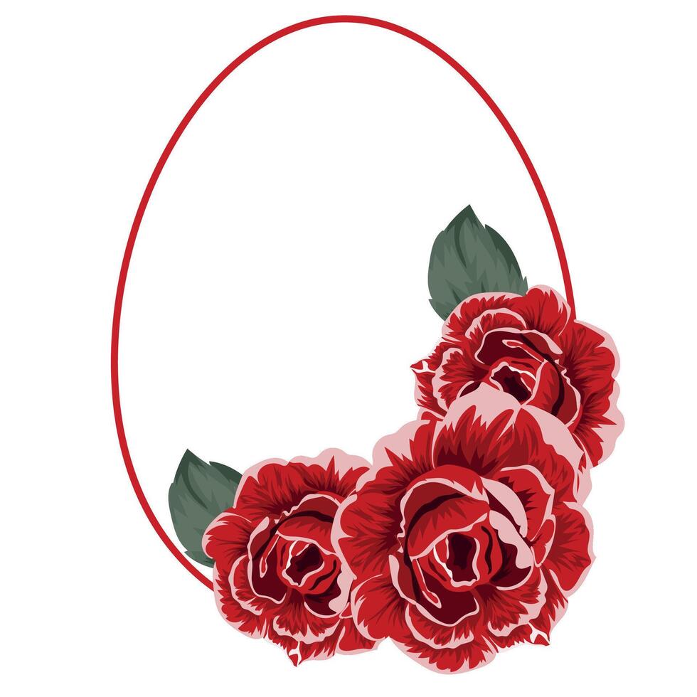 festive Easter decor, namely open buds of red roses and green leaves and a round egg-shaped frame drawn with a red outline vector