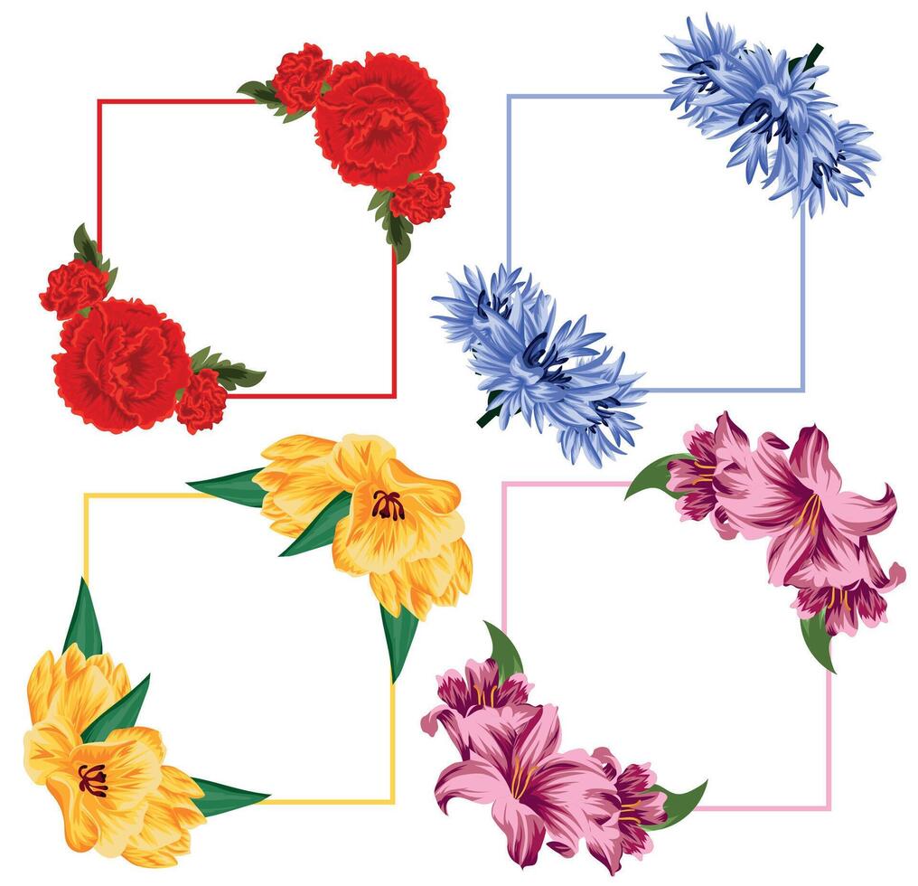 set of square flower frames, namely open buds of various flowers and green leaves with various contours of the square, for posters, banners or holiday card vector