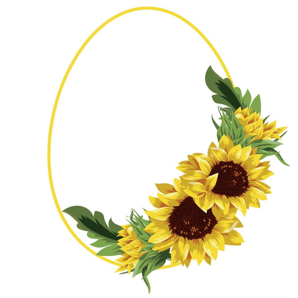 festive Easter decor, namely open yellow sunflower buds, closed sunflower buds and a round egg-shaped frame drawn with a yellow outline vector