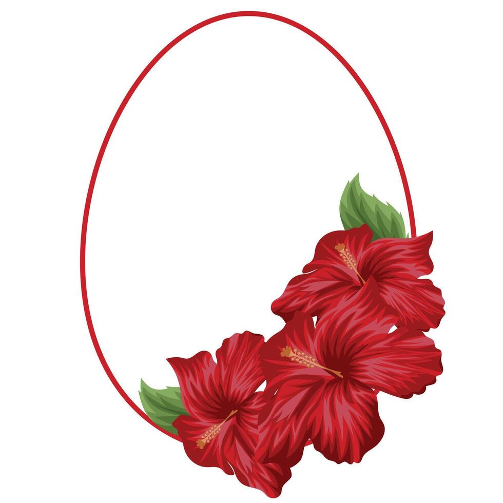 festive easter decoration, namely open red mallow buds, closed mallow buds and a round egg-shaped frame drawn with a pink outline vector