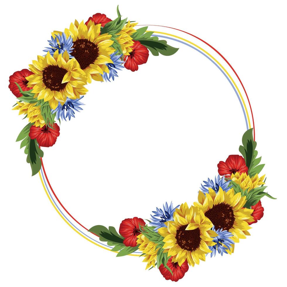 holiday card template consisting of red, yellow, blue outlines of circles and open buds of red poppies, yellow sunflowers and blue violets, template for postcards, invitations and banners vector