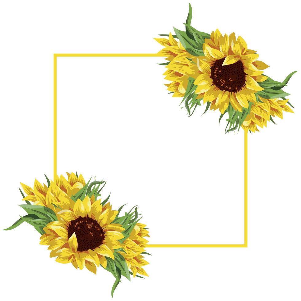 festive, conceptual poster with a square frame in the middle with open sunflower buds on either side of the frame, for cards, invitations or banners vector