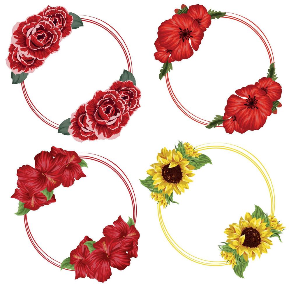 set of holiday decor, namely opened buds of various flowers and green leaves with various contours of circles, for posters, banners or holiday card vector