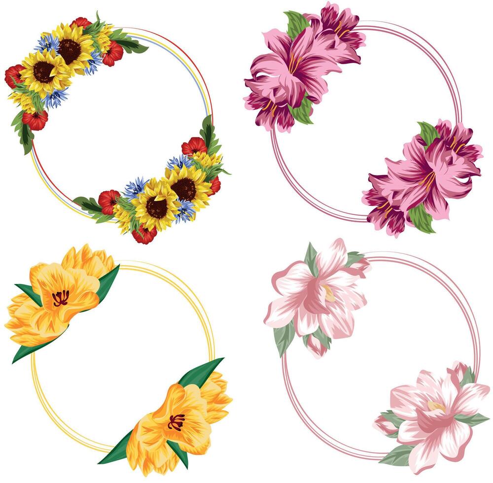set of holiday decor, namely opened buds of various flowers and green leaves with various contours of circles, for posters, banners or holiday cards vector