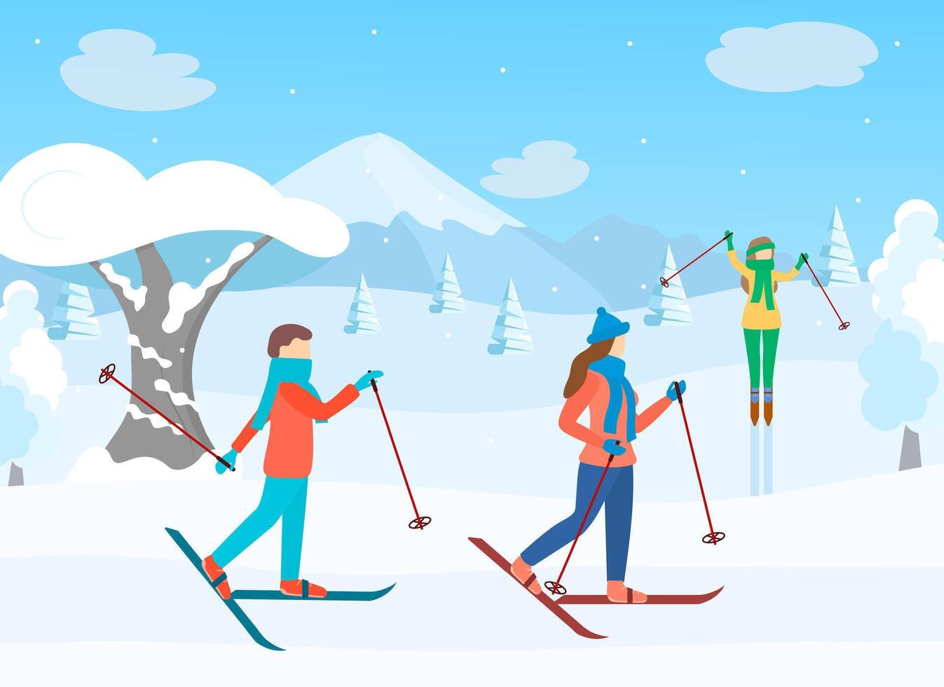 Cartoon Color Characters People Winter Skiing and Landscape Scene Concept. vector