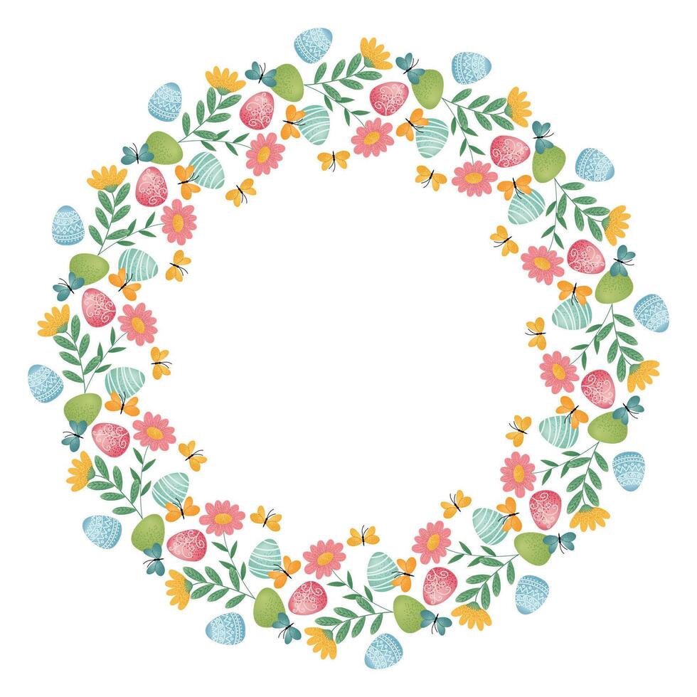Easter Egg, Flower, and Butterfly Wreath. Decorative wreath made of colorful Easter eggs, flowers, butterflies on a white background. Holiday spring Easter design for greeting card, invitation, poster vector