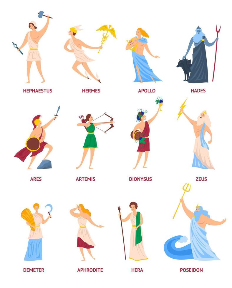 Cartoon Color Characters Ancient Greek Gods Set. vector
