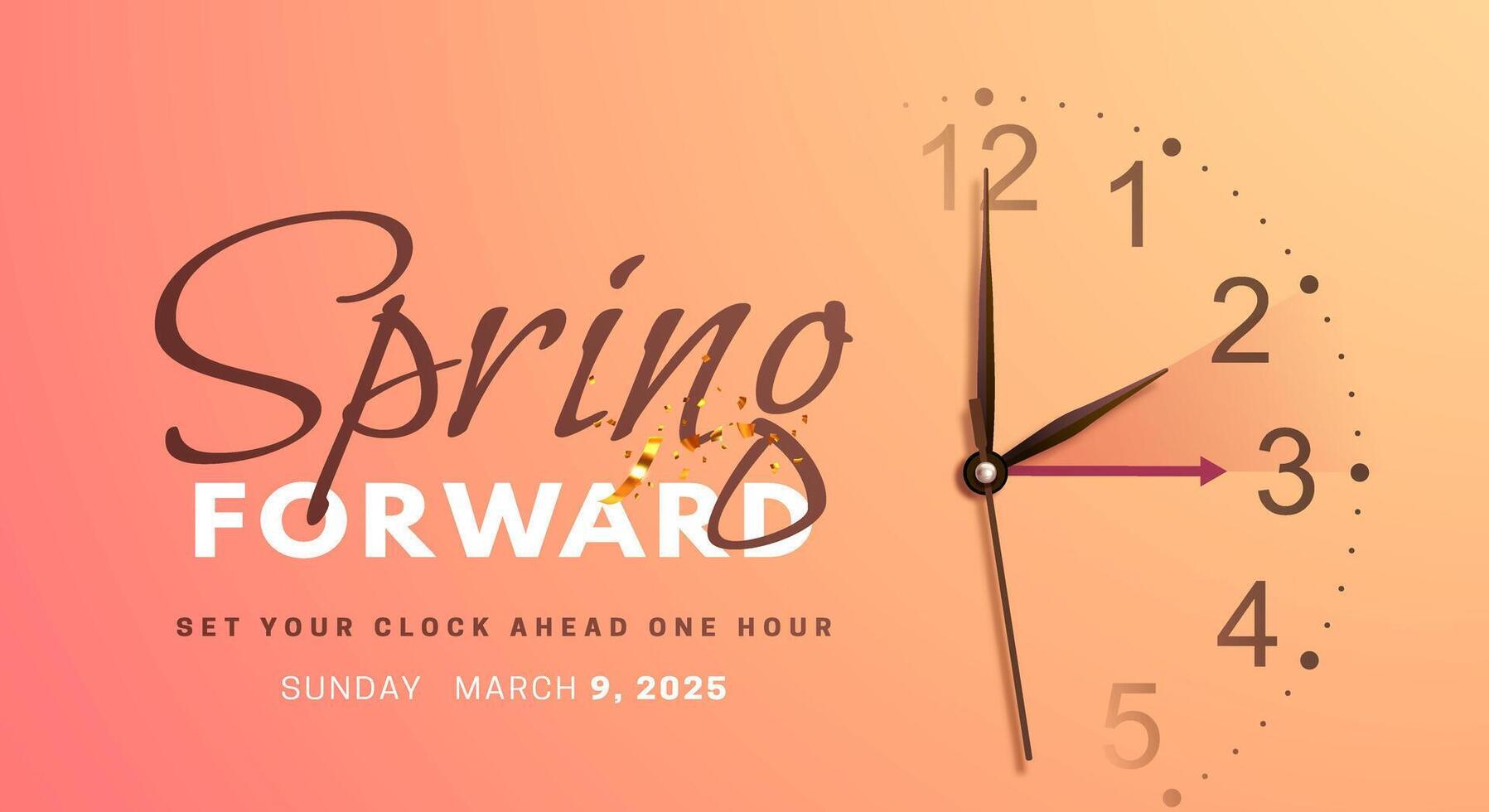 Daylight saving time. Spring forward concept banner with realistic 3d clock hands on orange background. Clock Dial with hands moving ahead one hour vector