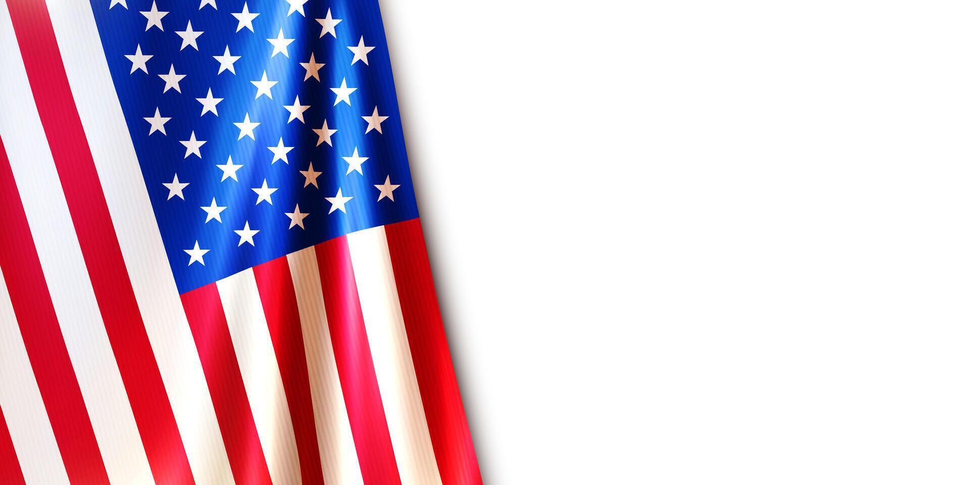 Realistic national USA flag with stars and red stripes isolated on white background. Wavy flag of the United States of America. American symbol for celebrating patriotic holidays vector
