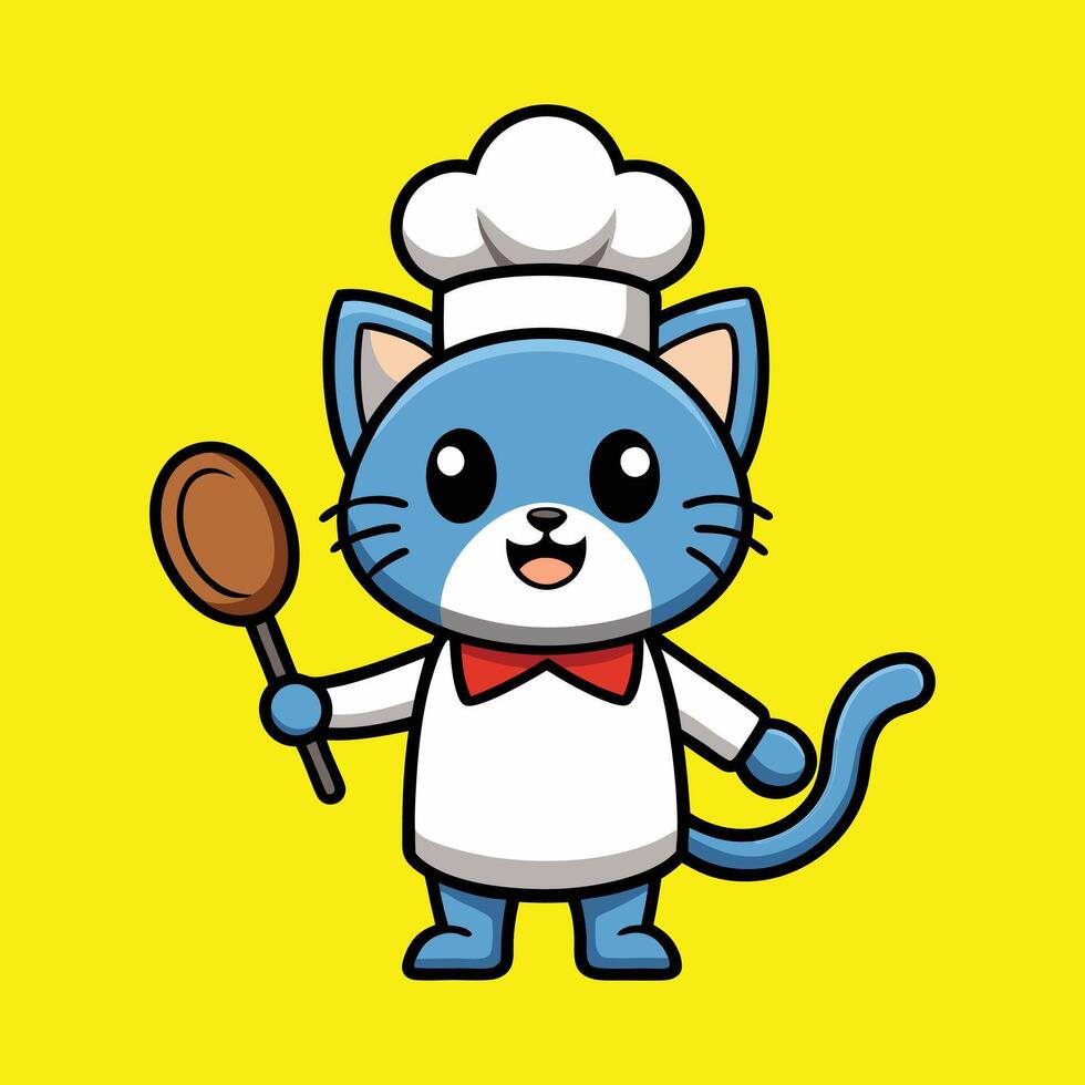 cute cat chef with pan and spatula cartoon vector