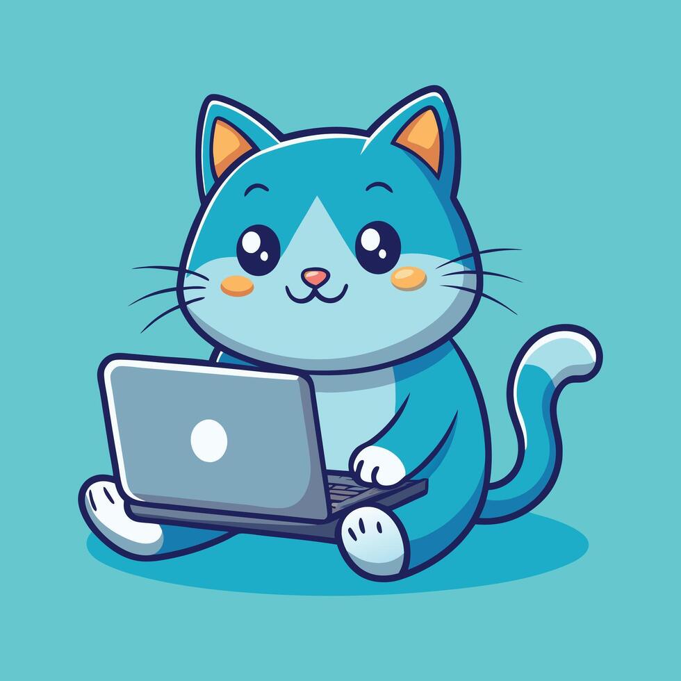 cute cat playing laptop on stomach cartoon vector